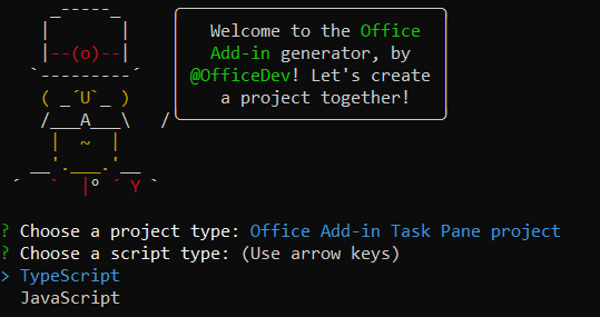 L’interface Yo Office après que l’utilisateur a choisi « Projet du volet Office de complément Office » à la question précédente. Il affiche l’invite de langage et les réponses possibles, TypeScript et JavaScript, dans le générateur Yeoman.