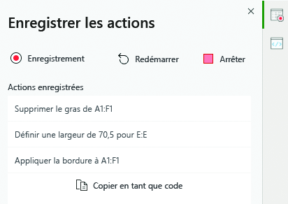 Liste d’actions enregistrées par l’enregistreur d’action.