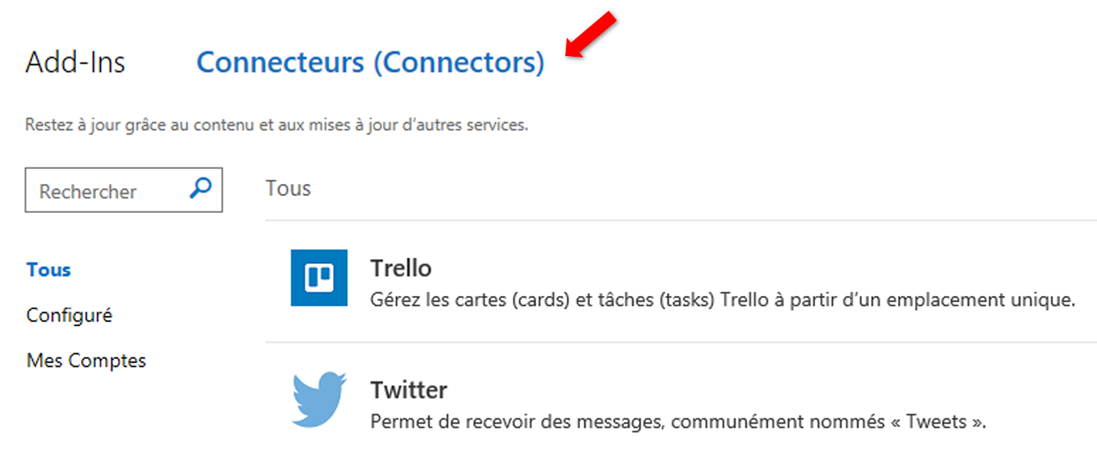 Capture d’écran de l’onglet Connecteurs dans la boîte de dialogue Store dans Outlook 2016 pour Windows.