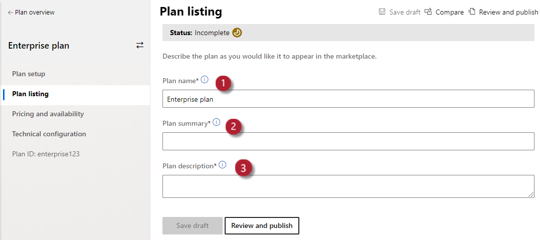 Illustre la page de liste des plans dans l’Espace partenaires. Les champs Nom du plan, Résumé du plan et Description du plan sont en surbrillance.