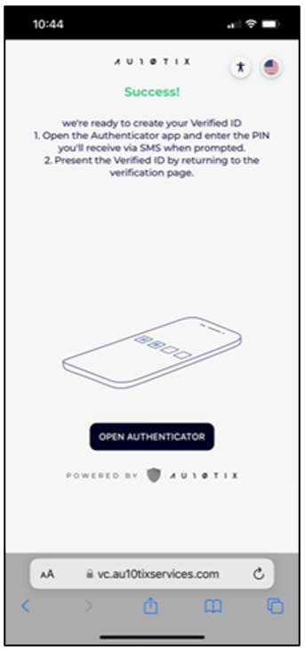 Capture d’écran de la page AU10TIX sur un appareil mobile, avec le texte : Réussite ! Le bouton : Ouvrir Authenticator s’affiche.