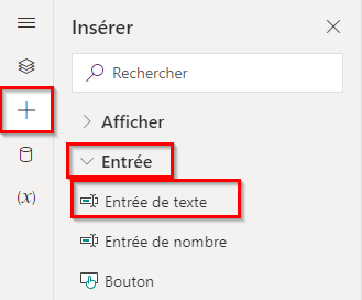 Capture d’écran du volet d’outils du concepteur de cartes avec les contrôles de saisie affichés et le controle Saisie de texte en surbrillance.