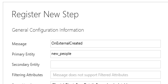 Enregistrement d’une étape de plug-in sur le message OnExternalCreated pour l’entité new_people.