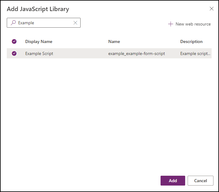 Boîte de dialogue Ajouter une bibliothèque JavaScript