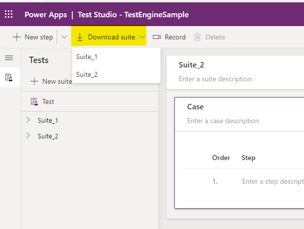 Capture d’écran du bouton de téléchargement de la suite de tests de Test Studio