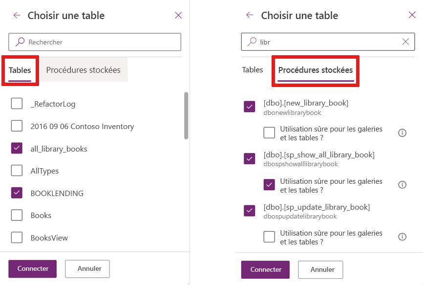 Screenshot that shows lists of tables, views, and stored procedures available to be added to your app.