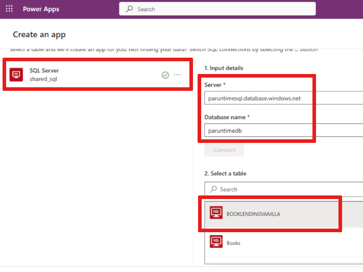 Screenshot that shows the Create an app page where you can choose a SQL Server connection, including a table.