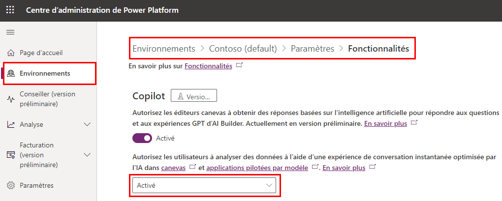Activer la fonction Copilot pour l’environnement