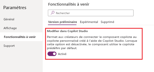 Activez la fonctionnalité Modifier dans Copilot Studio.