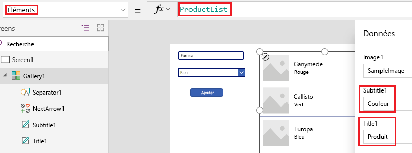Définissez la propriété Items de la galerie et modifiez les champs qu’elle affiche.