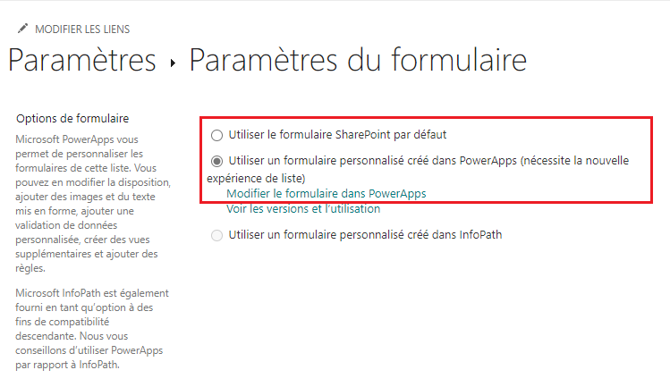 Options de Paramètres du formulaire.