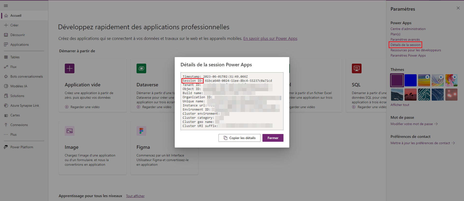 Détails de la session à partir du site Power Apps