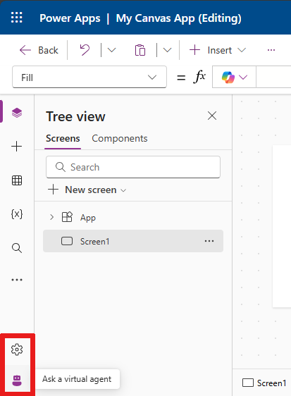 Capture d’écran montrant l’emplacement des paramètres et des icônes d’agent virtuel dans le menu de création.