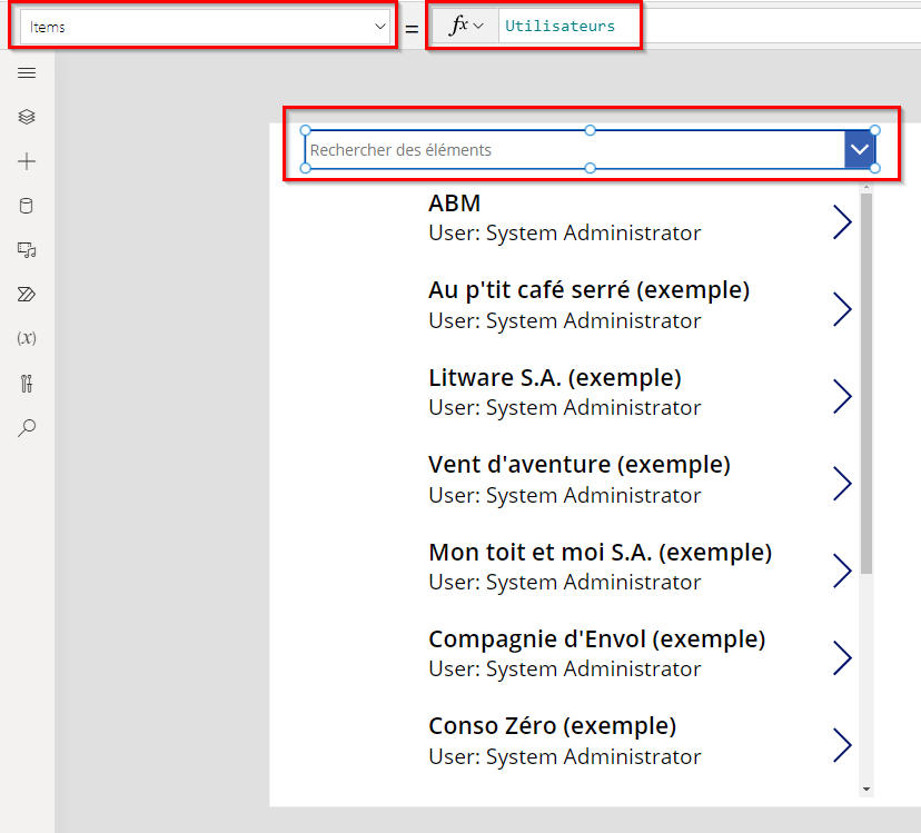 Ajout d’un contrôle de zone de liste déroulante au-dessus de la galerie avec la propriété Items définie sur Users.