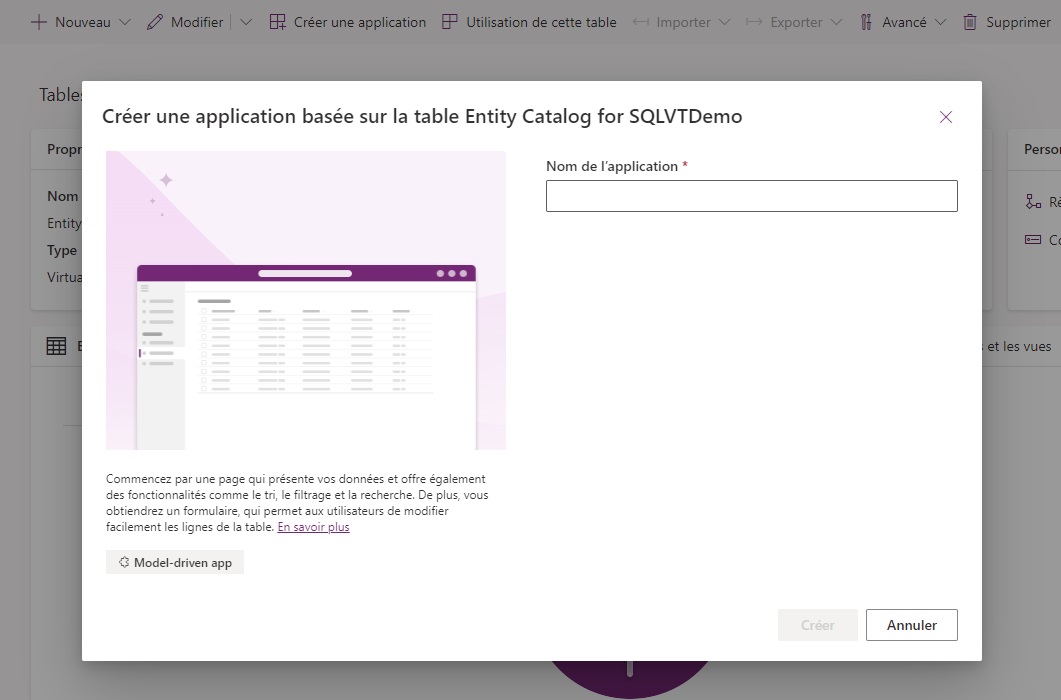 Écran Créer une application pilotée par modèle