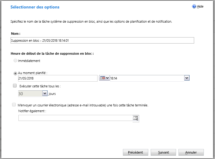 Options de suppression de lignes en bloc.