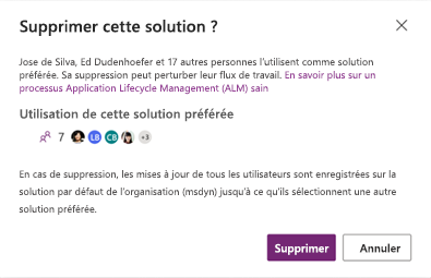 Avertissement Supprimer une solution préférée