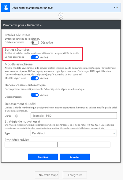 Activer le paramètre de sorties sécurisées pour l’action