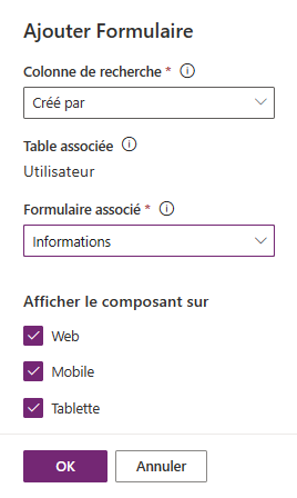 Ajouter le contrôle Form component pour une seule table associée