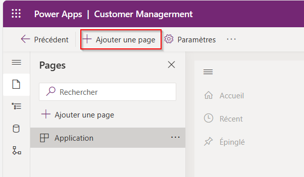 Le concepteur d'applications crée une nouvelle page