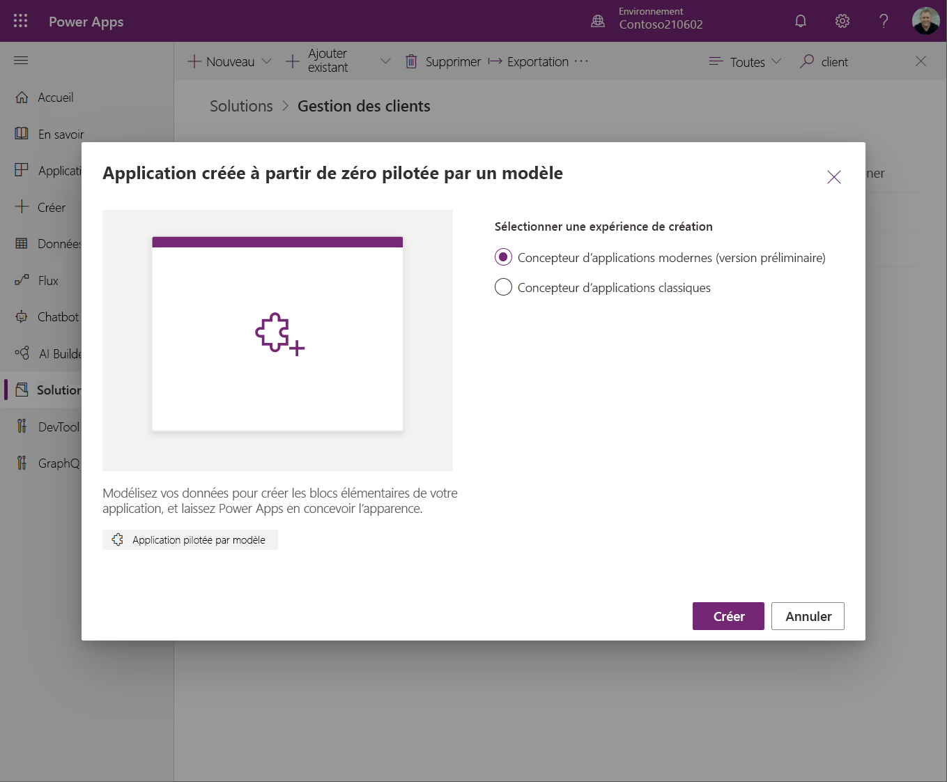 Nouvelle invite de conception d'application basée sur un modèle