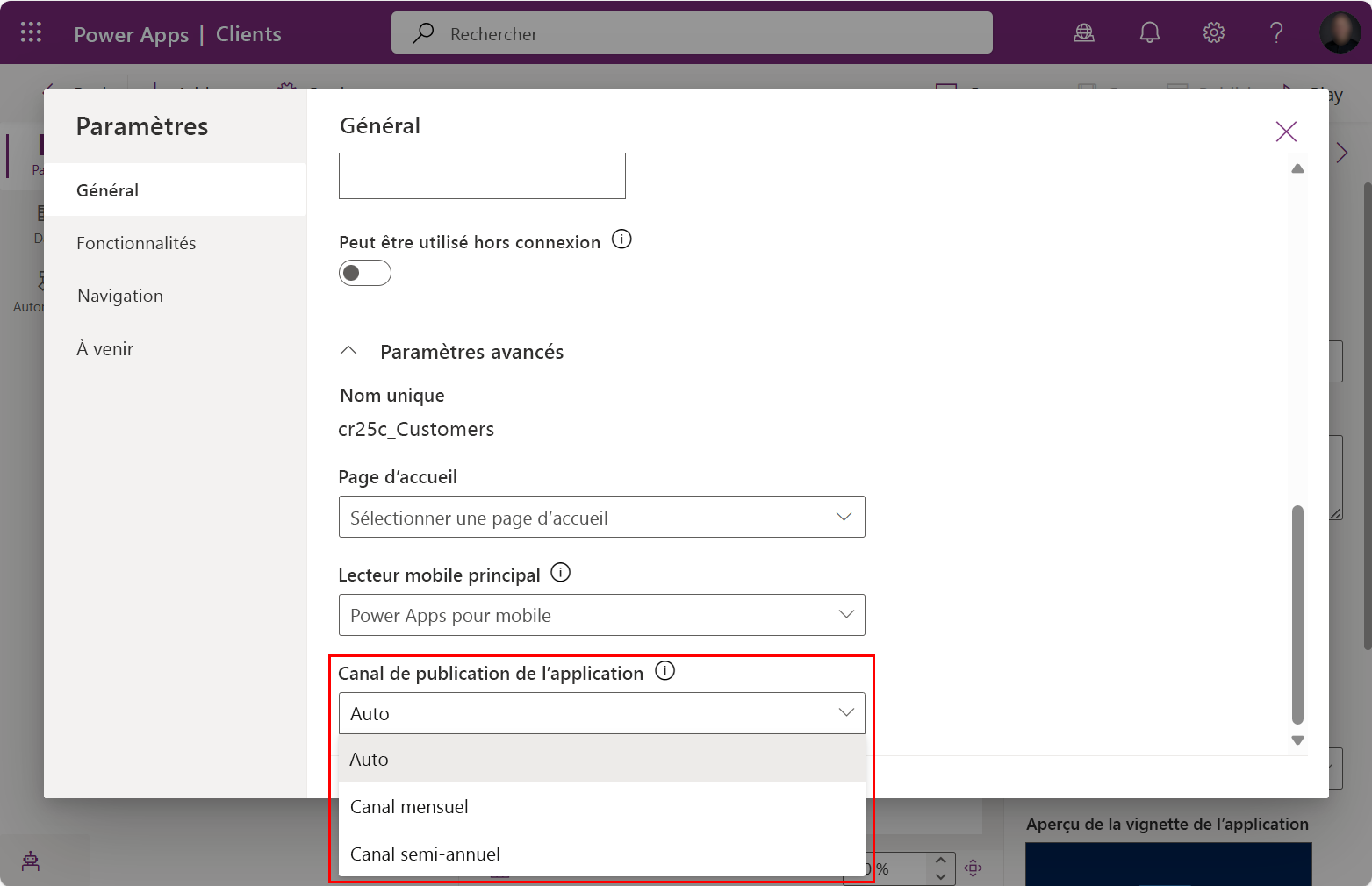 Paramètres du concepteur d’applications - Canal de publication de l’application