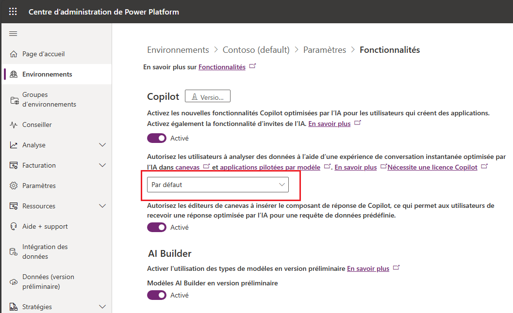 Capture d’écran qui montre comment activer copilote dans un environnement.