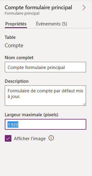 propriétés disponibles pour configurer un formulaire