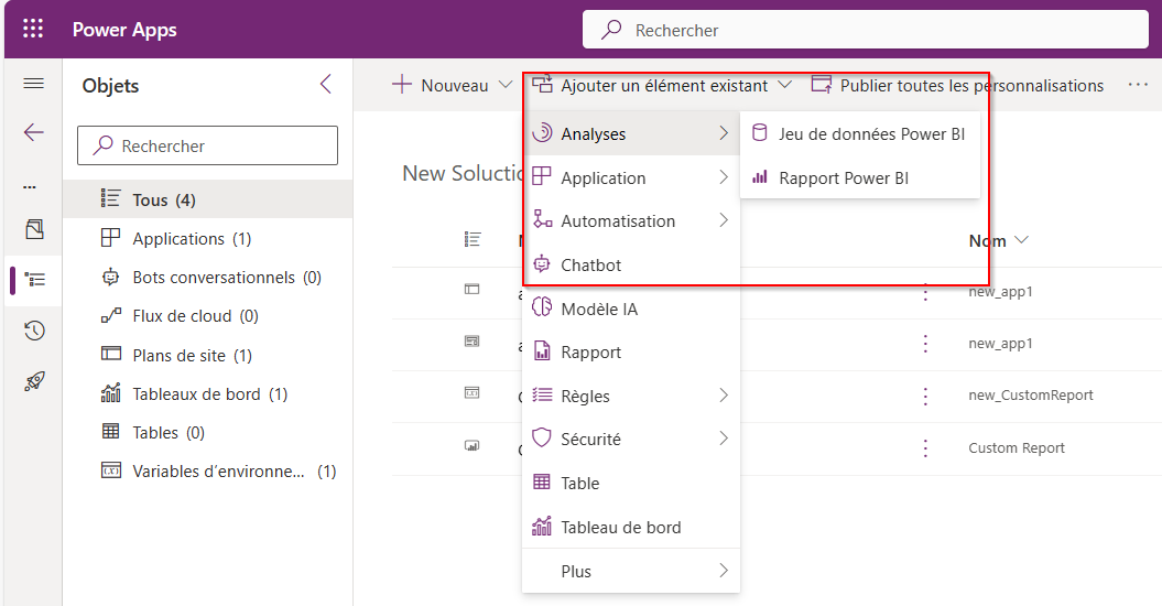 Capture d’écran du menu Ajouter des analyses montrant les options de composant de jeu de données et de rapport Power BI.