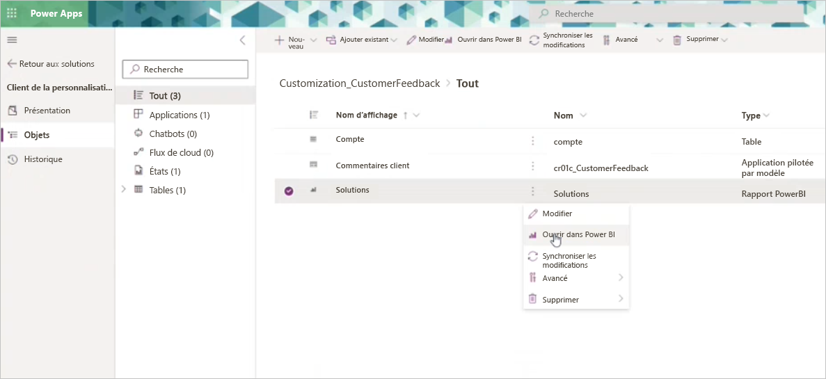 Capture d’écran montrant comment ouvrir les éléments Power BI dans Power B I pour commencer la personnalisation.