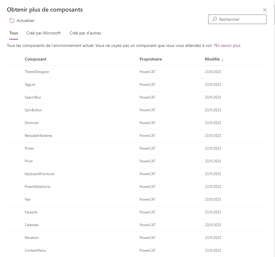 Composants disponibles à partir du lien Obtenir plus de composants