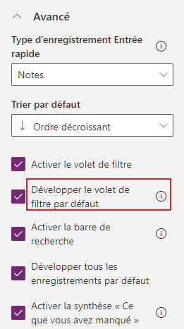 Configuration du volet de filtre