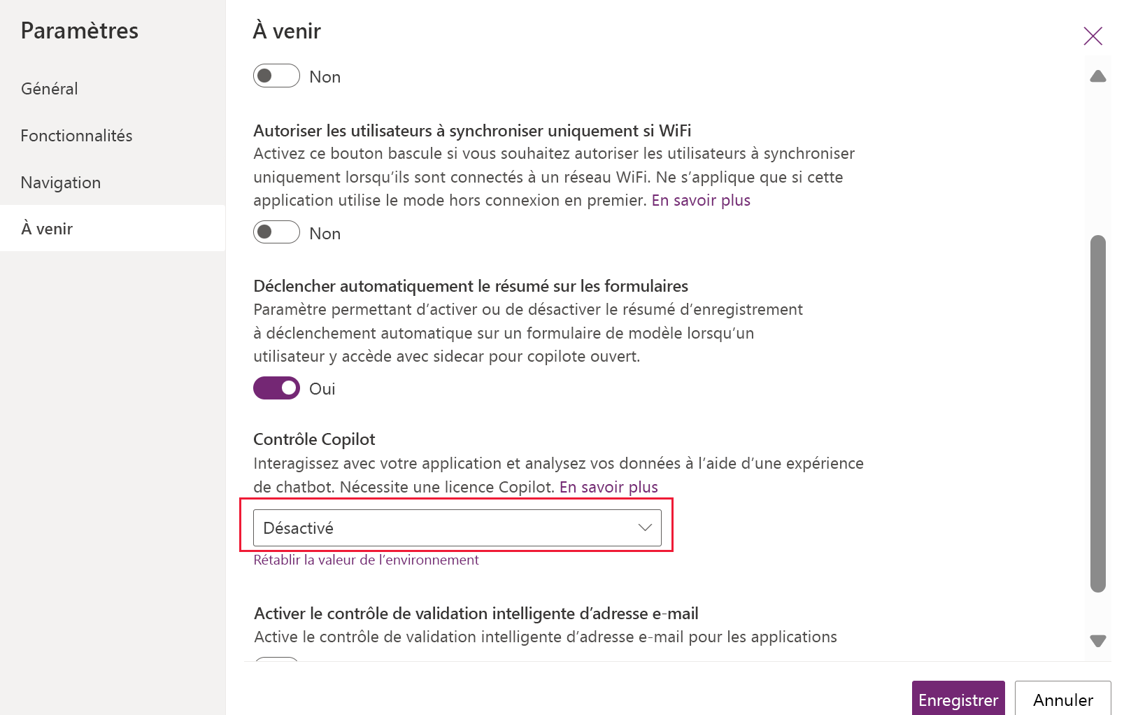 Capture d’écran montrant comment désactiver copilote dans une application basée sur un modèle.