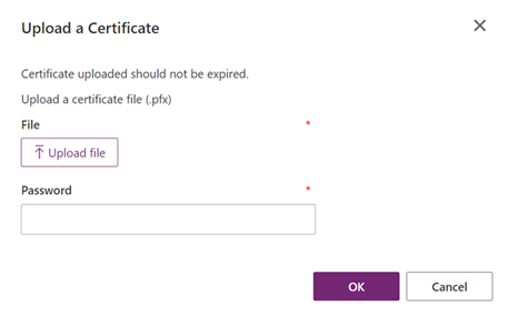 Télécharger une boîte de dialogue Certificat avec un bouton Télécharger le fichier et le champ du mot de passe.