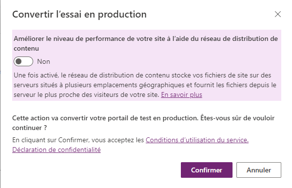 Une capture d’écran des options Convertir en production à l’intérieur Centre d'administration Power Platform avec l’option Licence des modules complémentaires sélectionnée.