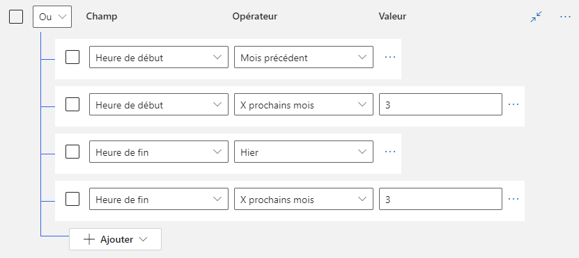 Capture d’écran montrant plusieurs filtres, basés sur les heures de début et de fin, dans une condition OU.