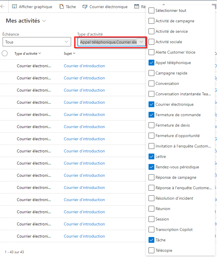 Capture d’écran du filtre de type d’activité qui montre plusieurs types d’activités sélectionnés.