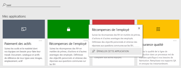 Vous pouvez rechercher des applications, les filtrer par environnement et épingler celles que vous utilisez le plus souvent en haut de la page.