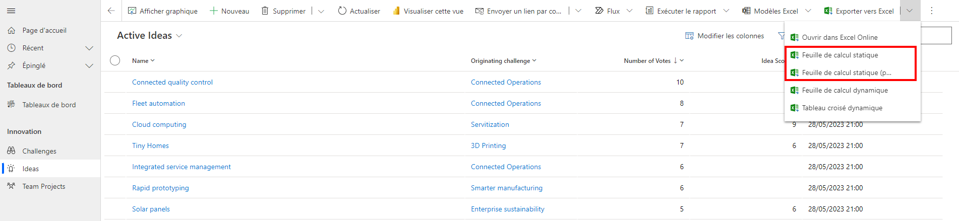 Exporter vers une feuille de calcul statique Excel.