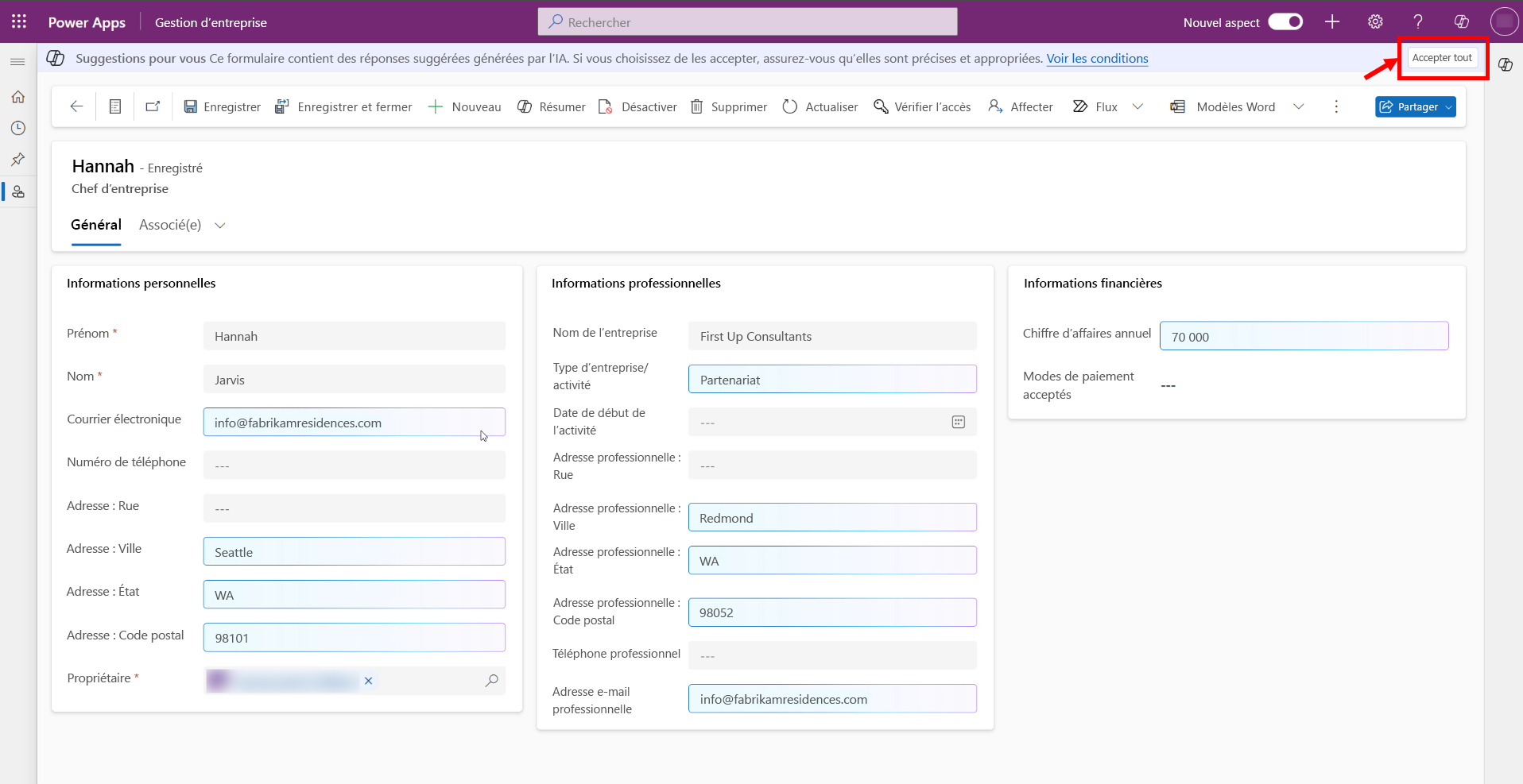 Capture d’écran montrant toutes les suggestions de remplissage de formulaire acceptées.