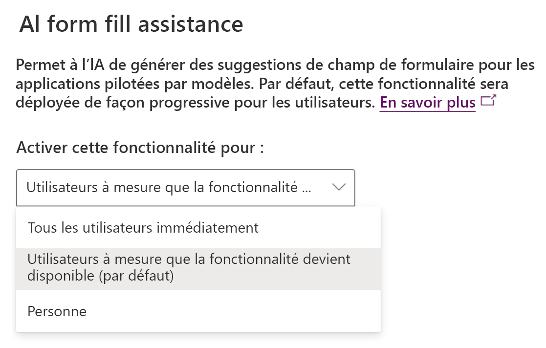 Capture d’écran montrant l’assistance pour le remplissage de formulaire activée pour l’environnement.