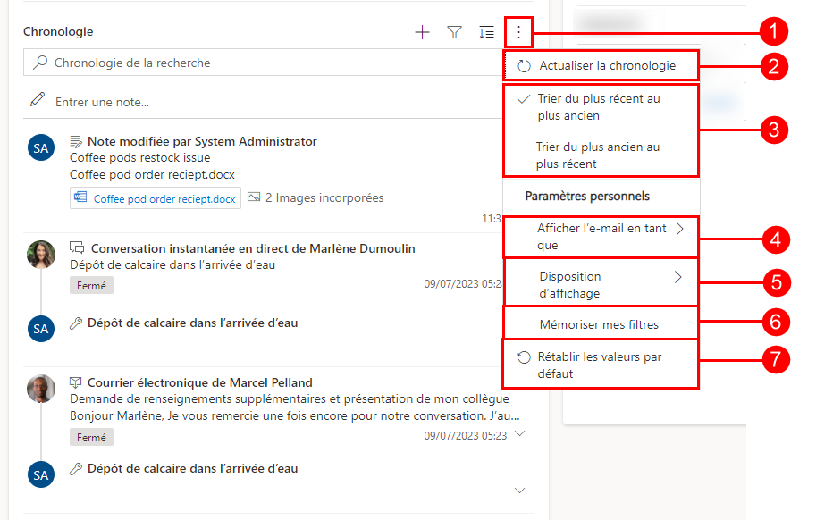 Fonctionnalité de chronologie Autres commandes.