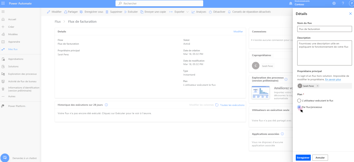 Page du flux de cloud - Paramètres - Plan de processus