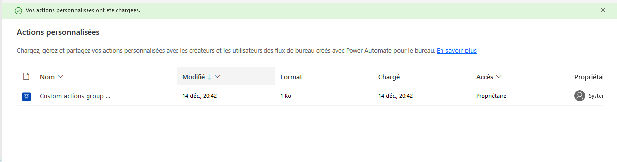 Capture d’écran de l’entrée d’actions personnalisées