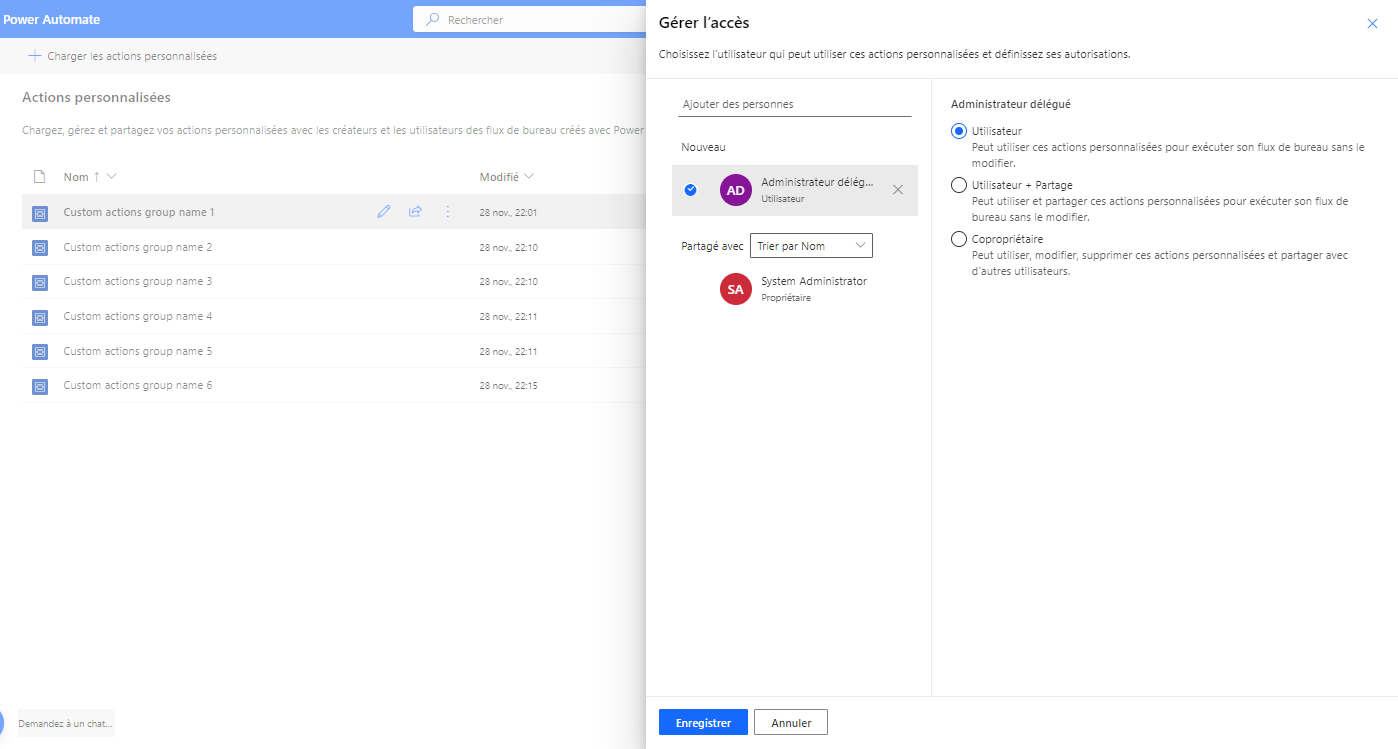 Capture d’écran de Gérer l’accès au groupe d’actions personnalisées