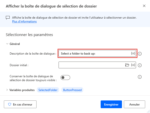 Capture d’écran de l’action Afficher la boîte de dialogue de sélection de dossier.