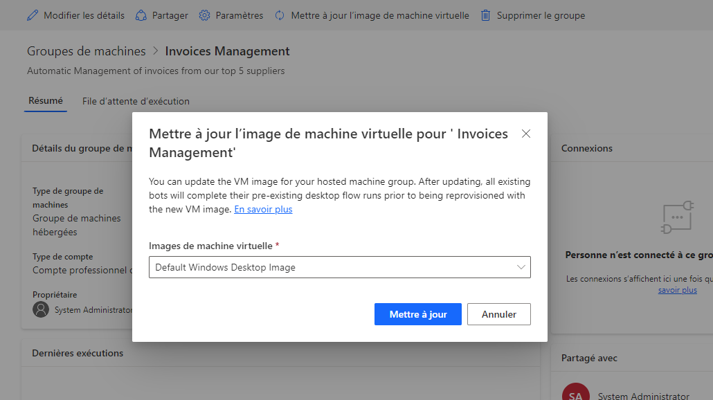 Capture d’écran de l’action de mise à jour de l’image de machine virtuelle sur la page des détails du groupe de machines hébergées.