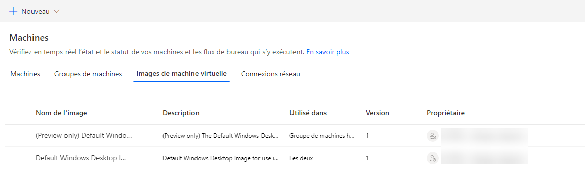 Capture d’écran des images de VM dans le portail Power Automate.