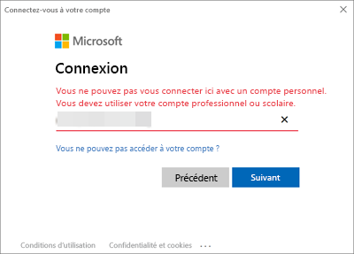 Capture d’écran de la fenêtre de connexion avec erreur.