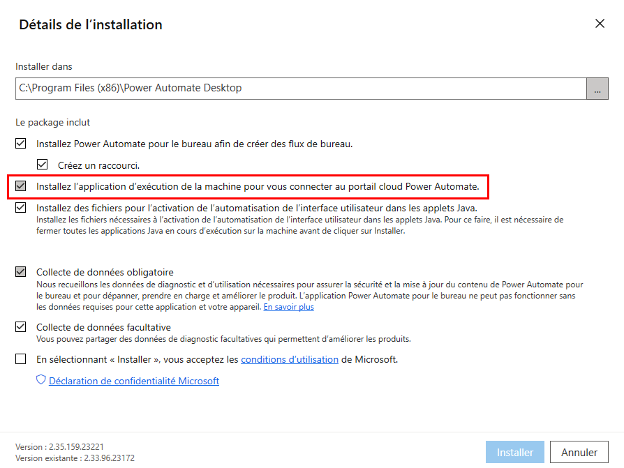 Capture d’écran de l’option d’installation de l’application d’exécution de la machine.